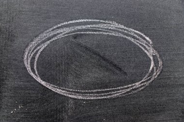 Beyaz renkli tebeşirle çizilen el veya siyah tahta arka planda oval şekil