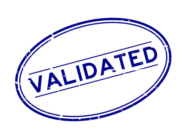 Grunge blue validated word oval rubber seal stamp on white background