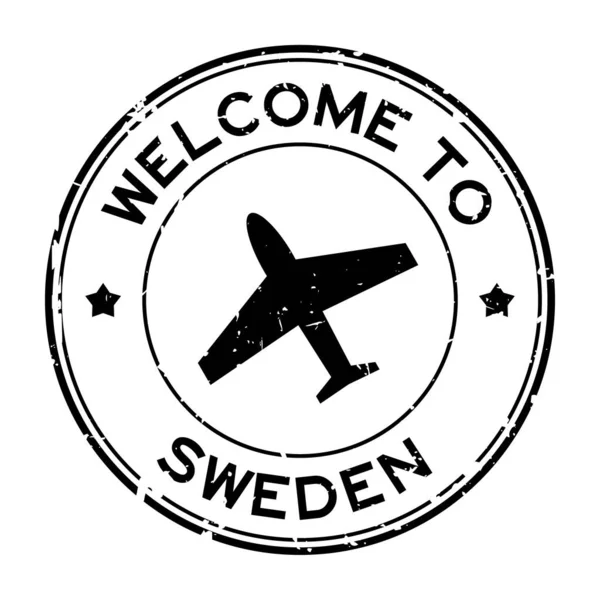 Grunge Black Welcome Sweden Word Airplane Icon Rubber Seal Stamp —  Vetores de Stock