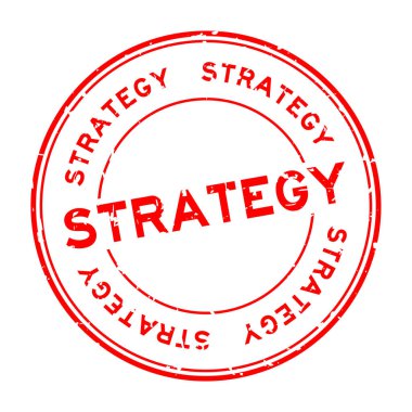 Grunge kırmızı strateji kelime yuvarlak lastik mühür beyaz arka planda
