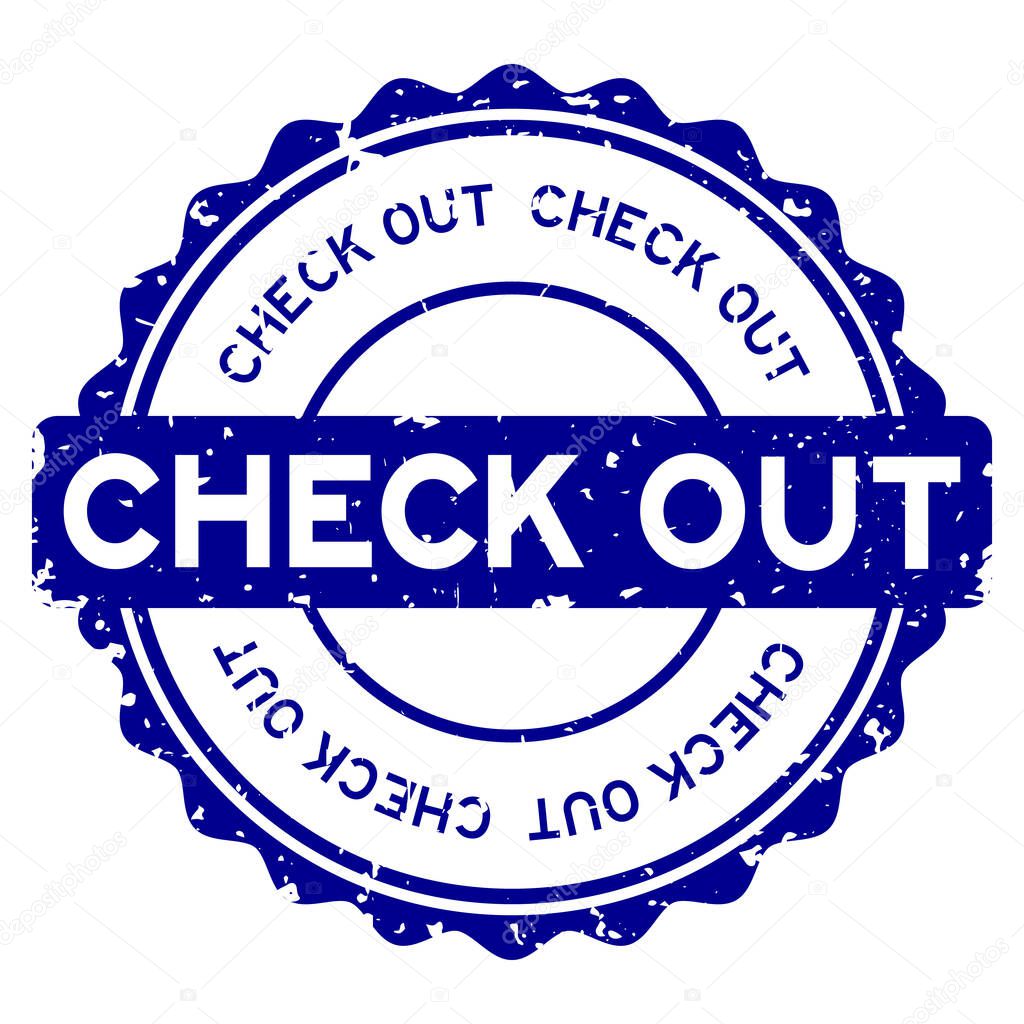 Grunge blue check out word round rubber seal stamp on white background