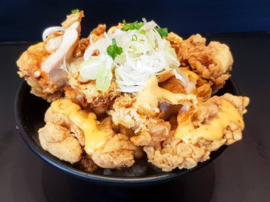 Kızarmış tavuk ve mayonez sosu ve pilav.