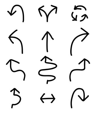 Beyaz arkaplanda birden fazla ok sembolü şeklinde siyah el çizimi seti