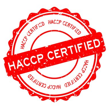 Grunge kırmızı HACCP (Tehlike analizi ve kritik kontrol noktaları) Beyaz arkaplanda sertifikalı lastik mühür mührü