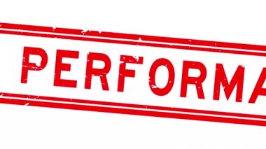 Grunge kırmızı yüksek performanslı kelime kare kauçuk mühür beyaz arkaplanda yakınlaştır