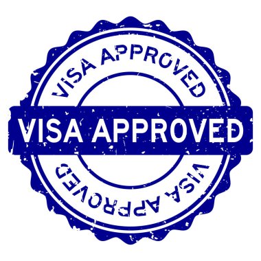 Grunge mavi vize onaylı kelime yuvarlak lastik mühür beyaz arka plan