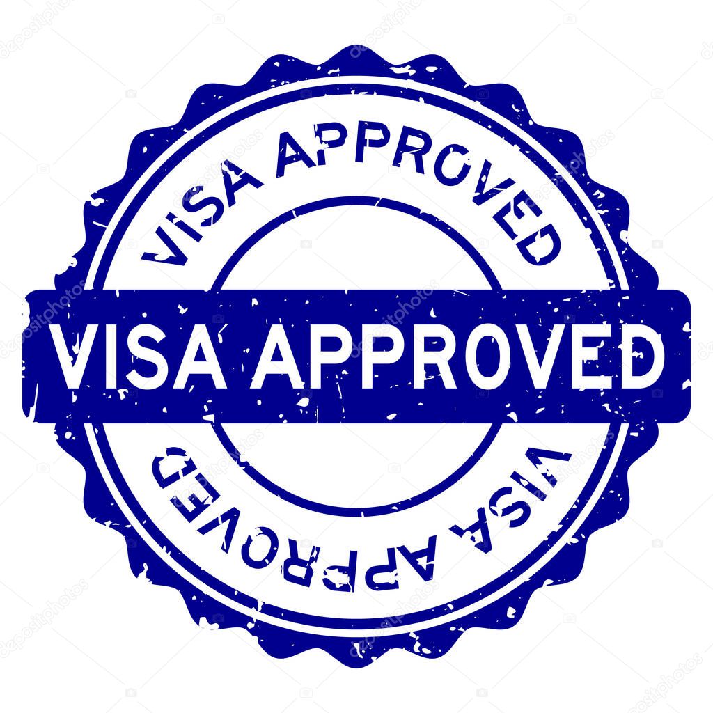 Grunge blue visa approved word round rubber seal stamp on white background