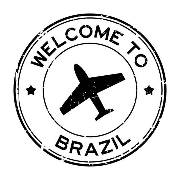 Grunge Black Welcome Brazil Word Airplane Icon Rubber Seal Stamp — Vector de stock