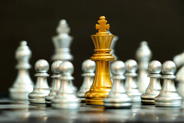 Gold King Chess Game Surrond Another Silver Team Black Background — Stock Photo, Image