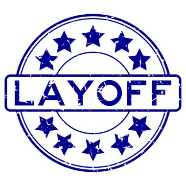 Beyaz arkaplanda yıldız simgesi yuvarlak lastik mühür damgalı Grunge mavisi işten çıkarma kelimesi