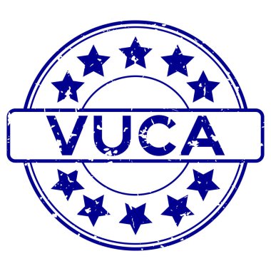 Grunge blue vuca (Volatilite 'nin kısaltması, belirsizlik, karmaşıklık ve belirsizlik) beyaz arkaplanda yıldız simgesi yuvarlak lastik mühür ile kelime