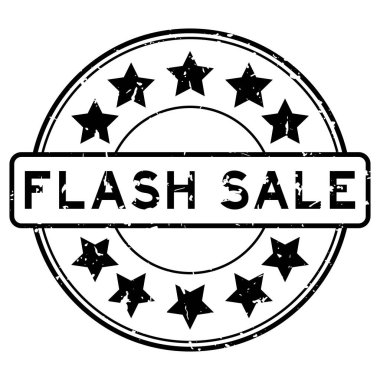 Beyaz arka planda yıldız simgesi yuvarlak lastik mühür damgalı Grunge siyah flaş sözcüğü