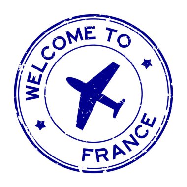 Grunge blue Fransa 'ya hoş geldin. Beyaz arka planda uçak simgesi yuvarlak lastik mühür damgası var.