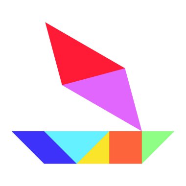 Beyaz arkaplanda yelkenli teknesi şeklindeki renk tangramı bulmacası 