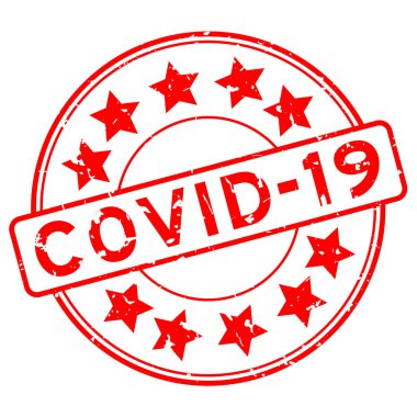 Grunge kırmızı Covid-19 kelimesi beyaz arkaplanda yıldız simgesi damgalı.