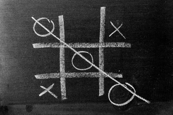 White color chalk hand drawing as Tic Tac Toe with the winner and loser shape on blackboard or chalkboard background