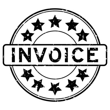 Beyaz arkaplanda yıldız simgesi yuvarlak lastik mühür olan Grunge siyah fatura sözcüğü