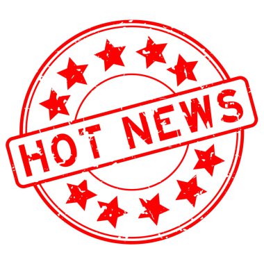 Beyaz arka planda yıldız simgesi yuvarlak lastik mühür damgalı Grunge kırmızı sıcak haber kelimesi