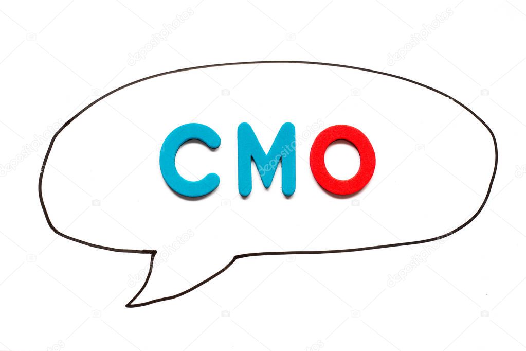 Alphabet letter with word CMO (Abbreviation of Chief Marketing Officer, Contract Manufacturing Organization) in black line hand drawing as bubble speech on white board background