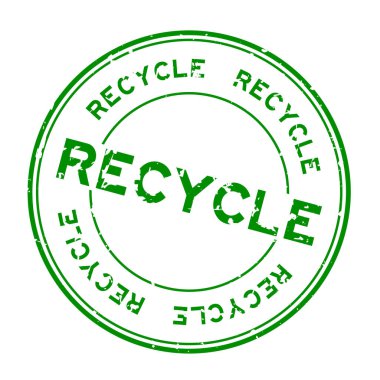 Grunge yeşil geri dönüşüm sözcüğü beyaz arka planda lastik mühür damgası