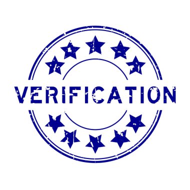 Beyaz arkaplanda yıldız simgesi yuvarlak lastik mühür damgalı Grunge mavi doğrulama sözcüğü