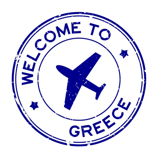 Grunge Blue Welcome Greece Word Aircraft Icon Rubber Seal Stamp — 图库矢量图片