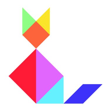 Beyaz arkaplanda kedi şeklinde renk tangramı yapbozu