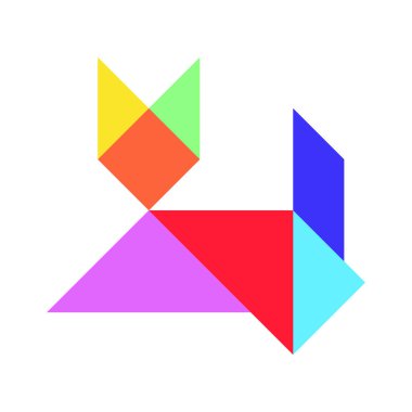 Beyaz arkaplanda kedi şeklinde renk tangramı yapbozu