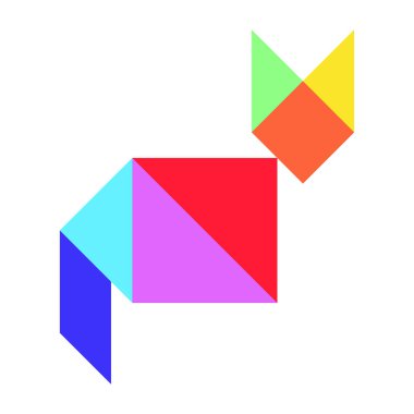 Beyaz arkaplanda kedi şeklinde renk tangramı yapbozu