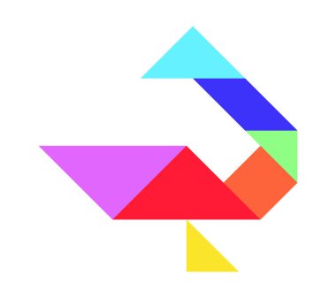 Beyaz arkaplanda renk tangramı bulmacası (ördek, kaz, kuğu) şekli