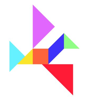 Beyaz arkaplanda uçan kuş şeklinde renk tangramı yap-bozu