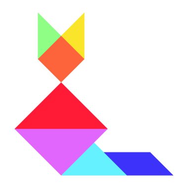 Beyaz arkaplanda kedi şeklinde renk tangramı yapbozu