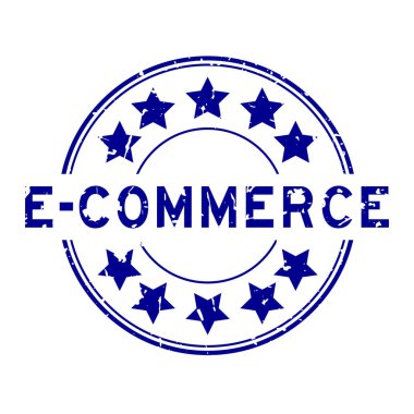 Beyaz arka planda yıldız simgesi yuvarlak lastik mühür damgalı Grunge mavisi e-ticaret kelimesi