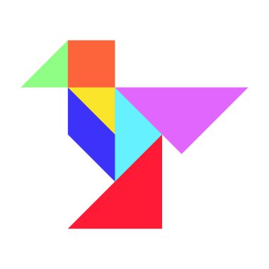 Beyaz arkaplanda uçan kuş şeklinde renk tangramı yap-bozu