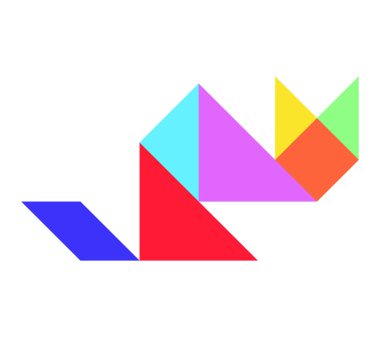 Beyaz arkaplanda kedi şeklinde renk tangramı yapbozu