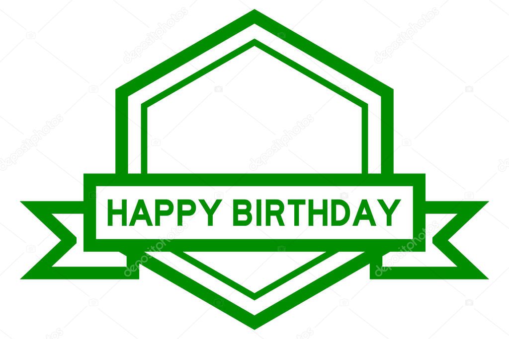 Hexagon vintage label banner in green color with word happy birthday on white background