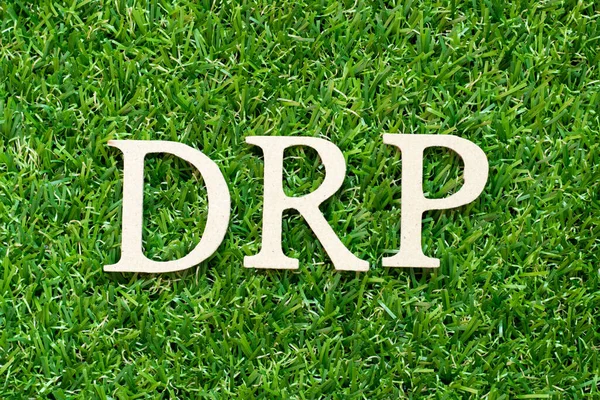 Alphabet letter in word DRP (Abbreviation of Disaster recovery plan, Distribution resource planning, Dividend reinvestment plan, Direct Repair Program or Digital Remaster Processing) on green grass background