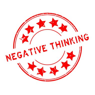 Beyaz arka planda yıldız simgesi yuvarlak lastik mühür damgalı Grunge kırmızı negatif düşünme kelimesi