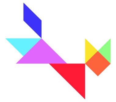 Beyaz arkaplanda kedi şeklinde renk tangramı yapbozu