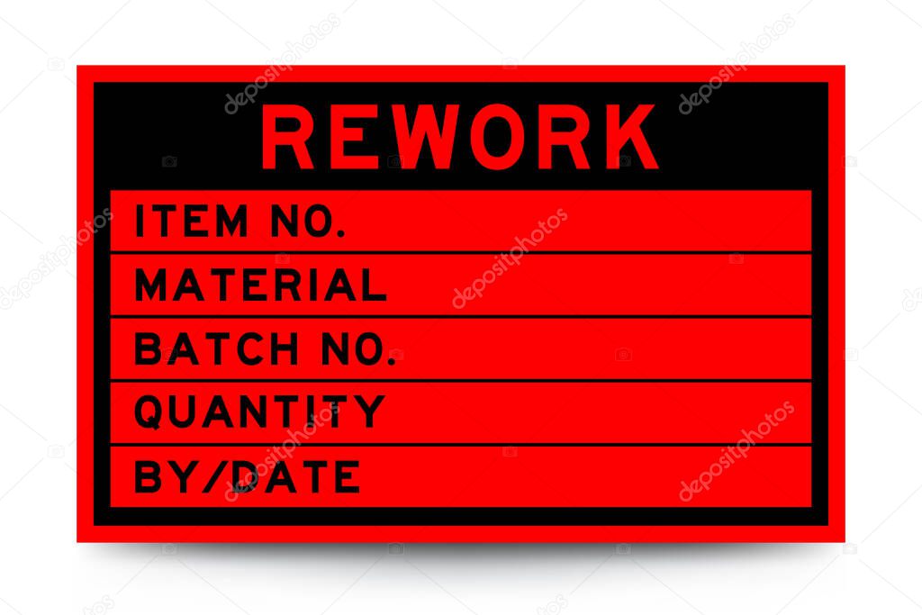 Square red color label banner with headline in word rework and detail on white background for industry use