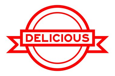 Kırmızı renkli yuvarlak vintage etiket pankartı ve beyaz arka planda lezzetli bir kelime.