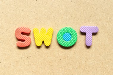 Sözcüklerle köpük alfabesi harfi SWOT (tahta arka planda gücün kısaltması, zayıflık, fırsatlar, tehditler)