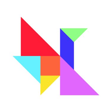 Beyaz arkaplanda uçan kuş şeklinde renk tangramı yap-bozu