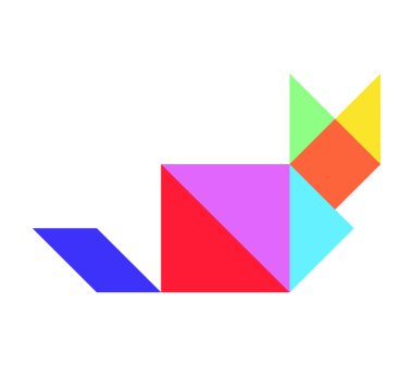 Beyaz arkaplanda kedi şeklinde renk tangramı yapbozu