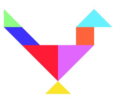 Beyaz arkaplanda kuş şeklinde renk tangramı yap-bozu