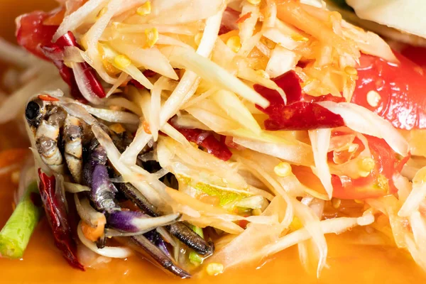 Fechado Salada Mamão Com Caranguejo Comida Tailandesa Nome Som Tum — Fotografia de Stock