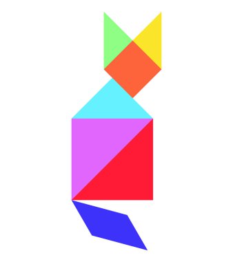 Beyaz arkaplanda kedi şeklinde renk tangramı yapbozu