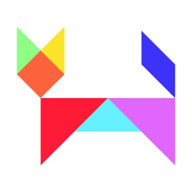 Beyaz arkaplanda kedi şeklinde renk tangramı yapbozu