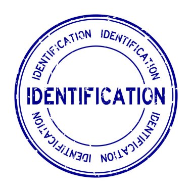 Grunge mavi tanımlama kelime yuvarlak lastik mühür beyaz arka planda