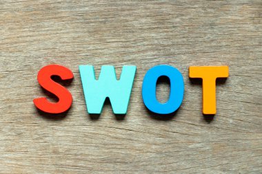 Kelime SWOT ile renk alfabesi harfi (ahşap arka planda güç, zayıflık, fırsatlar, tehditlerin kısaltması)